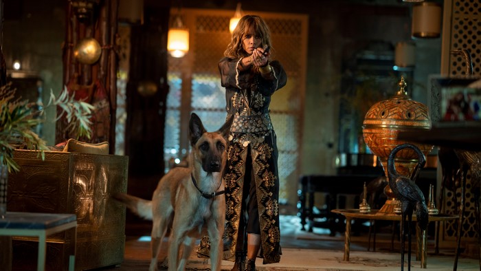 Woman holding gun with dog in ornate room
