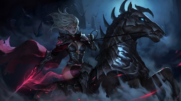 Dark Elf Warrior Riding a Black Horse