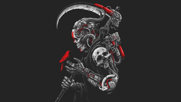 Sci-Fi, Skull, Cyborg, Warrior, Scythe, 4K
