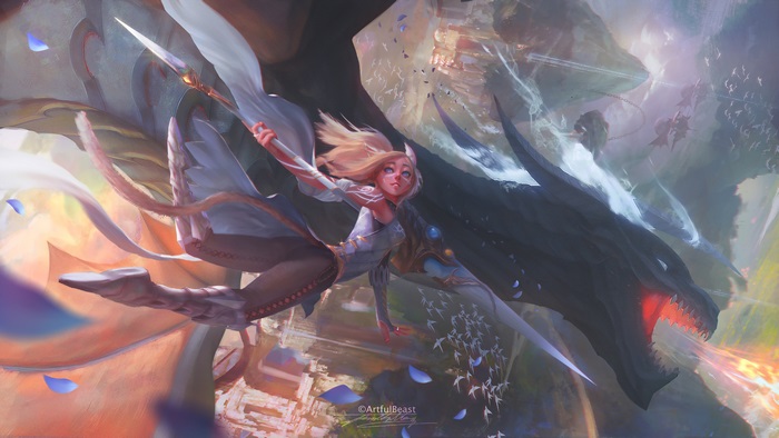 Girl Riding a Dragon Breathing Fire 4K