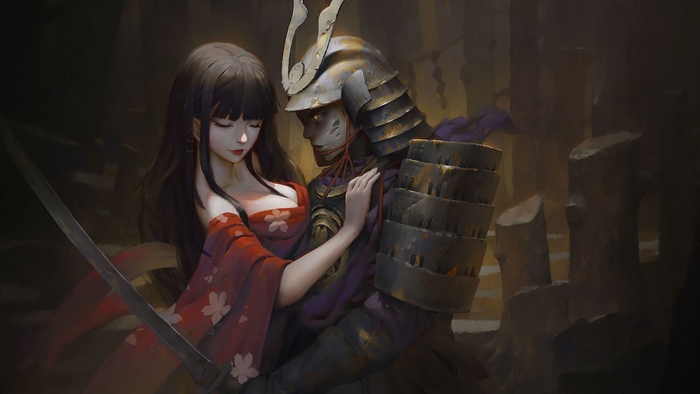 Girl in Kimono and Samurai with Katana 4K