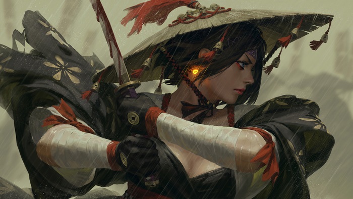 Samurai Girl with Katana in the Rain 4K
