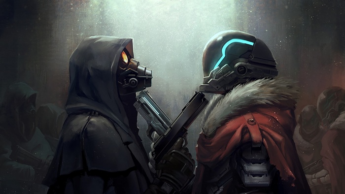 Two soldiers in sci-fi gear pointing pistols at each other