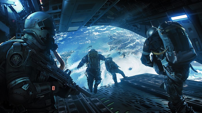 Soldiers skydiving from a spacecraft above Earth 4K