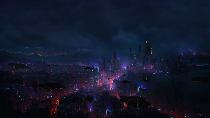 Cyberpunk City at Night with Flying Vehicles 4K