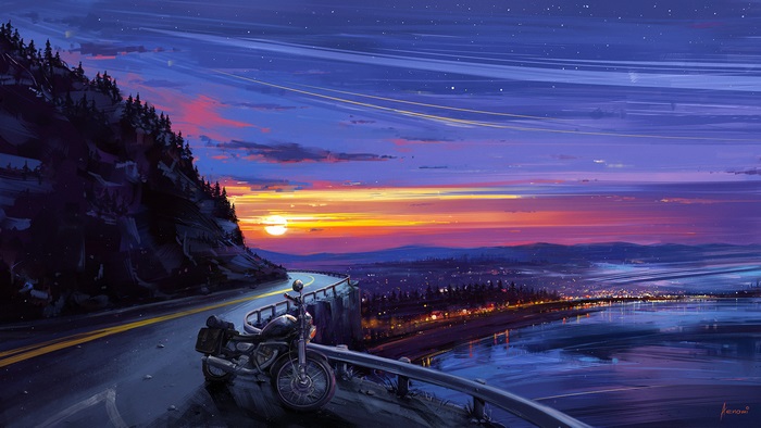 Motorcycle parked on a cliff overlooking a city at sunset