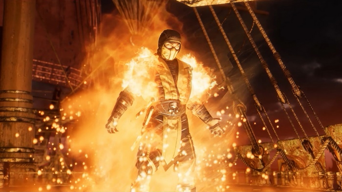 Scorpion engulfed in flames from Mortal Kombat 11 4K