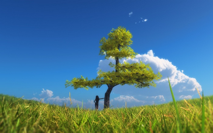 A lone woman leans against a tree in a grassy field