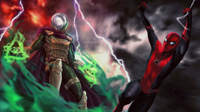 Mysterio and Spider-Man fighting during a storm