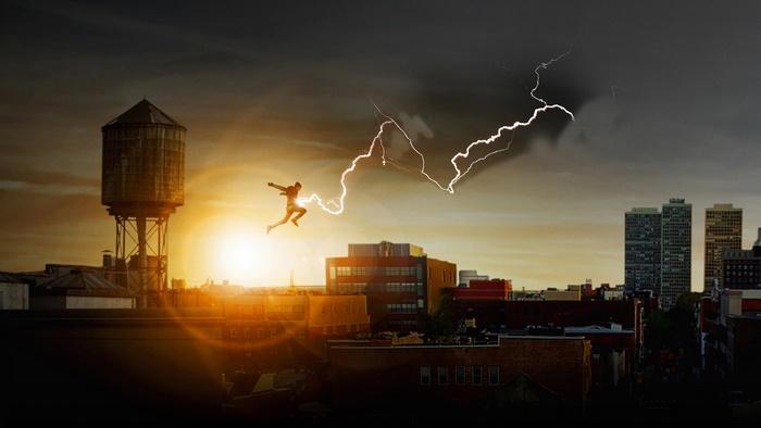Shazam jumping with lightning in city 4K