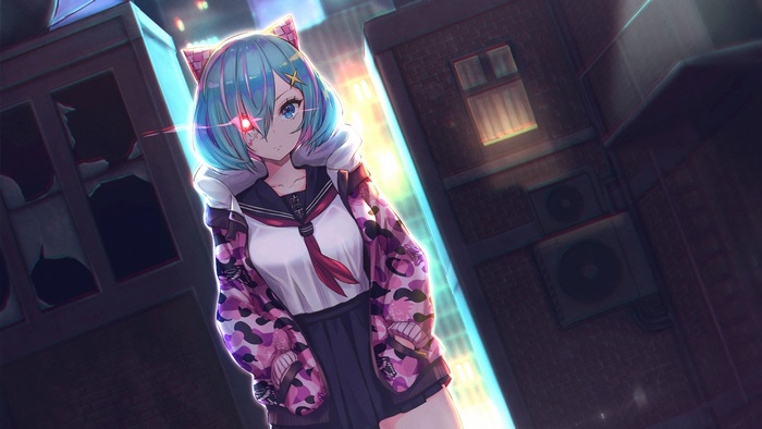 Anime girl with cybernetic eye in school uniform