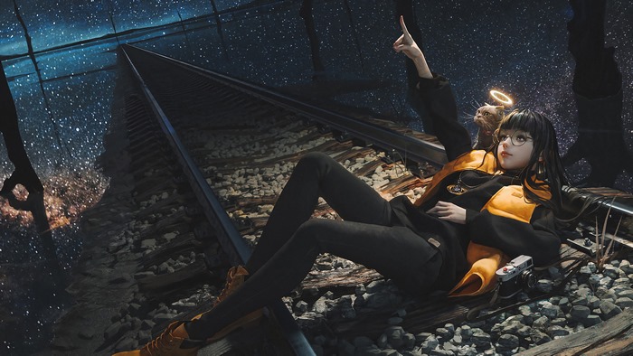 Anime girl and cat stargazing on train tracks 4K