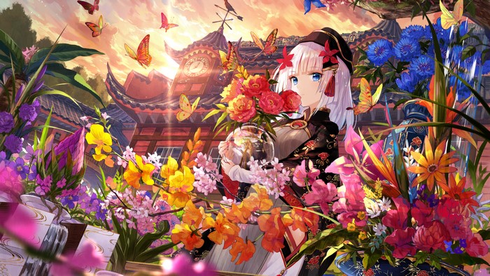 Girl with flowers and butterflies near a clock tower