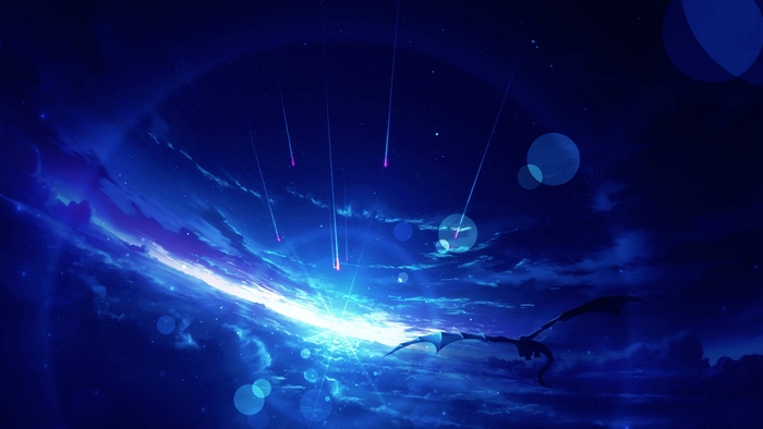 Dragon flying through a starry sky with shooting stars