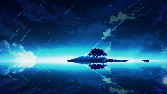 Anime Night Sky with Shooting Stars and Island Tree 4K