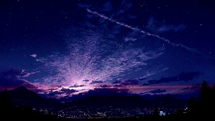 Anime Cityscape at Sunrise with Starry Sky