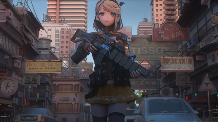 Anime girl with rifle in sci-fi city 4K