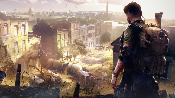 Man with backpack overlooking a ruined city