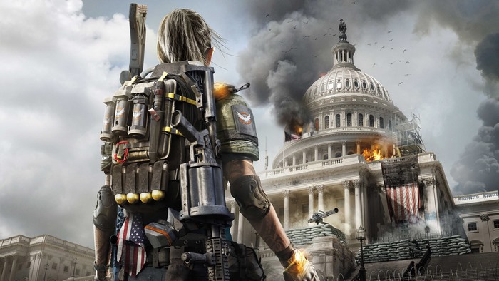 Agent from The Division 2 in front of burning Capitol Building 4K