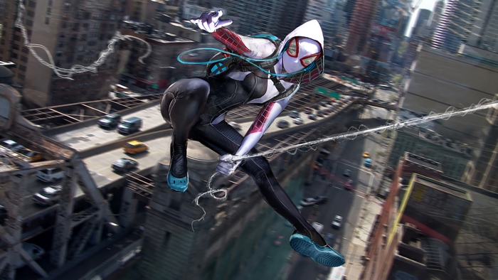 Spider-Gwen swinging through a city in 4K