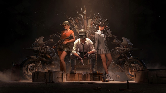 PUBG characters on a throne of weapons with motorcycles