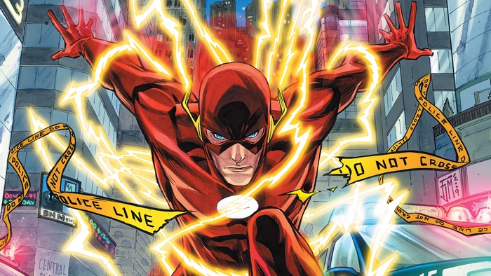 The Flash from DC Comics running through a city street with police tape