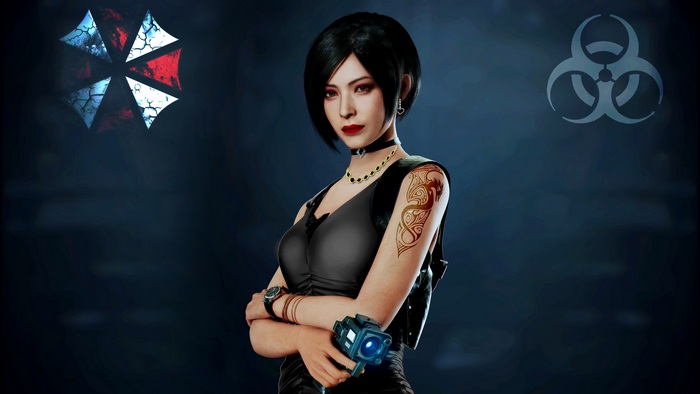 Ada Wong from Resident Evil with Umbrella and Biohazard symbols
