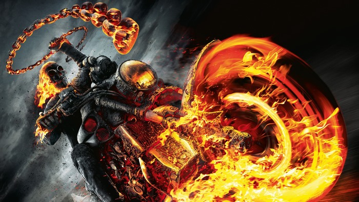 Ghost Rider from Marvel Comics on a flaming motorcycle