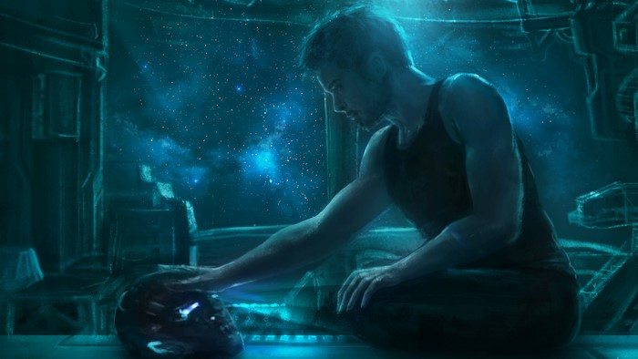 Tony Stark from Avengers touching his helmet in space