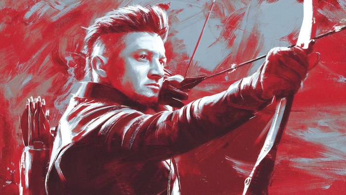 Hawkeye from Marvel Comics aiming a bow and arrow