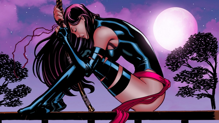 Psylocke sitting with sword