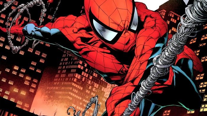 Spider-Man swinging through a city at night