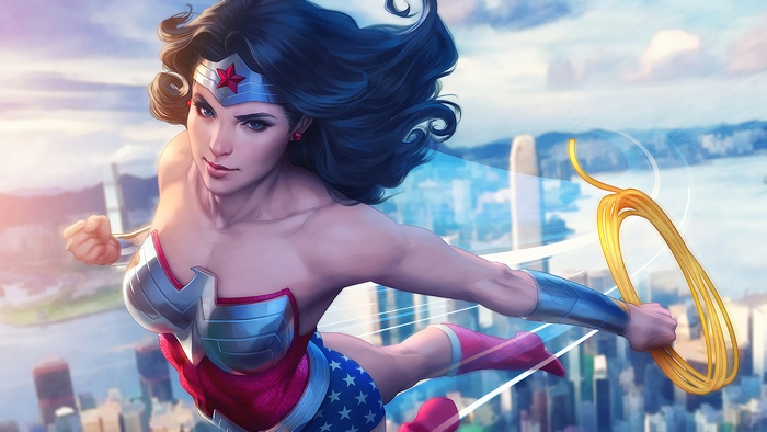 Wonder Woman flying over a city with her lasso