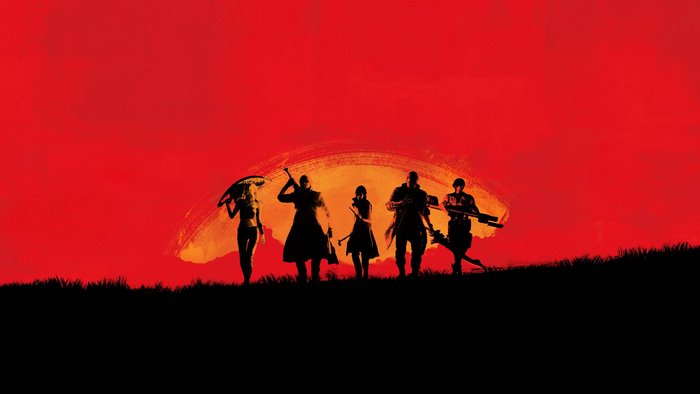 Devil May Cry 5 characters in front of a sunset 4K