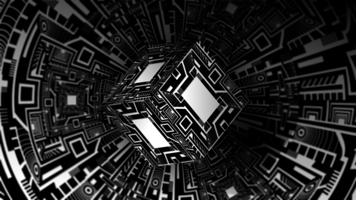 Abstract digital cube with circuit board patterns