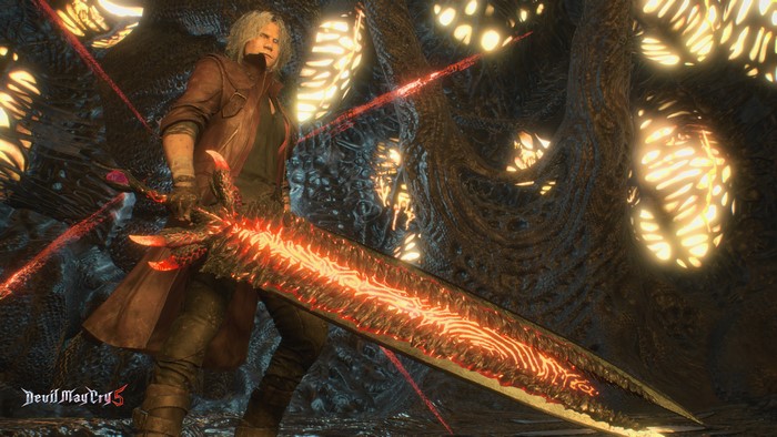 Dante from Devil May Cry 5 with a flaming sword