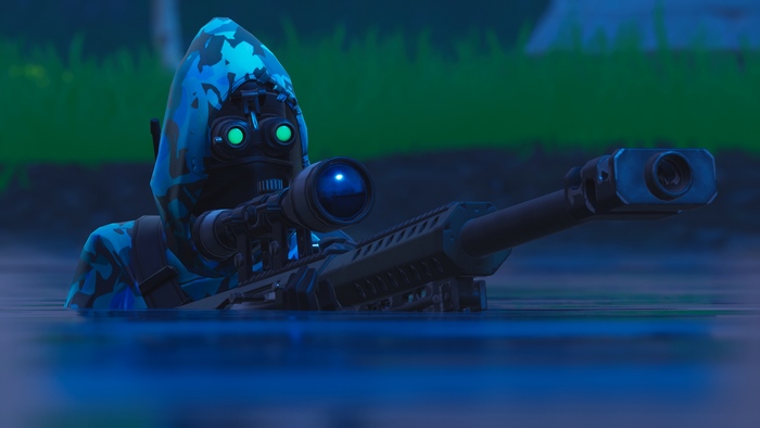 Fortnite Battle Royale character with sniper rifle in water