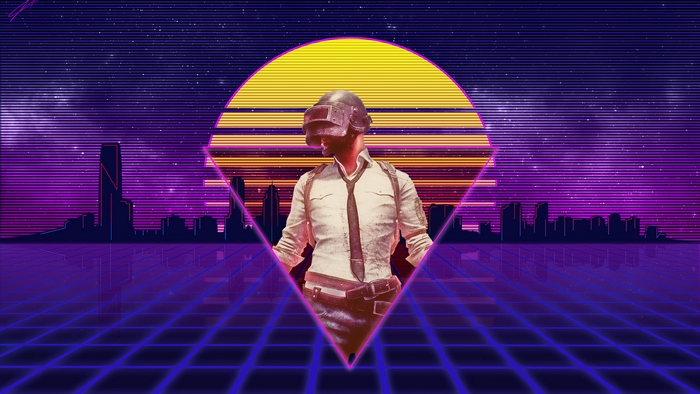 PlayerUnknowns Battlegrounds character in retro synthwave style