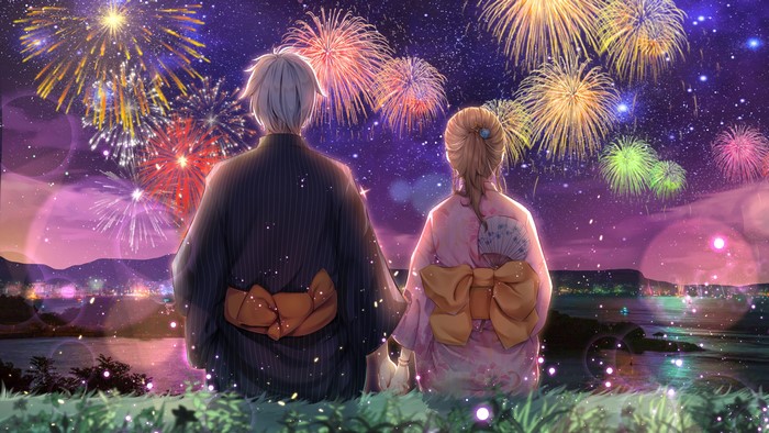 Anime, Couple, Fireworks, Kimono, 4K