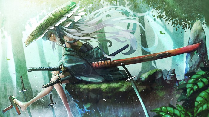 Anime Samurai Girl with Katanas in Forest 4K