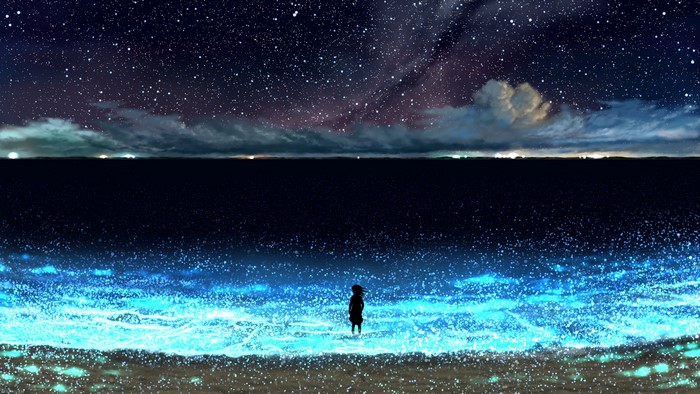 Anime girl on a beach under a starry night sky 4K