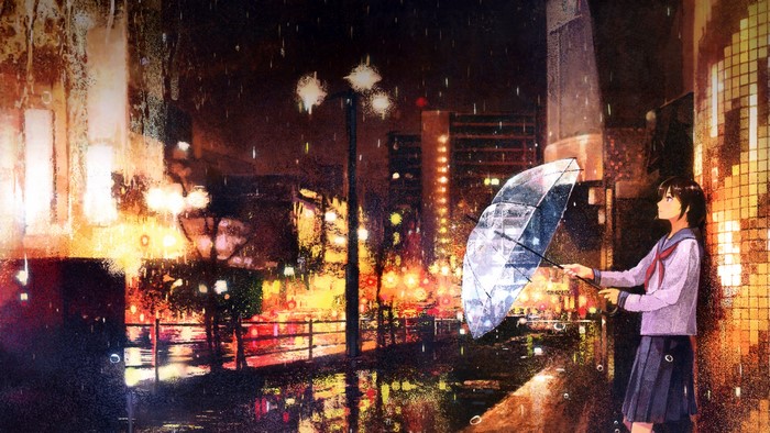 Girl with umbrella in the rain at night