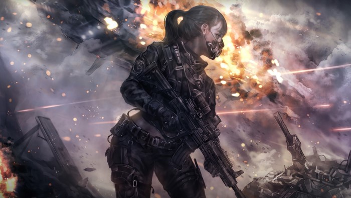 Woman in tactical gear holding a rifle in a warzone