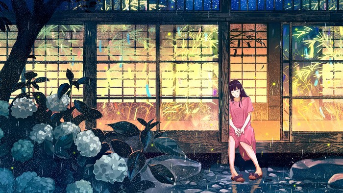 Anime girl waiting by a window in the rain