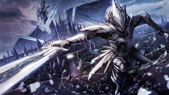 Anime Sci-Fi Warrior with Swords in Futuristic City
