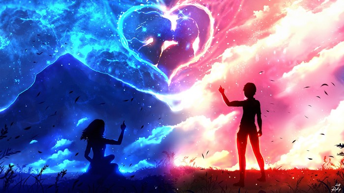 Anime Couple Silhouette in Heart Shape 4K