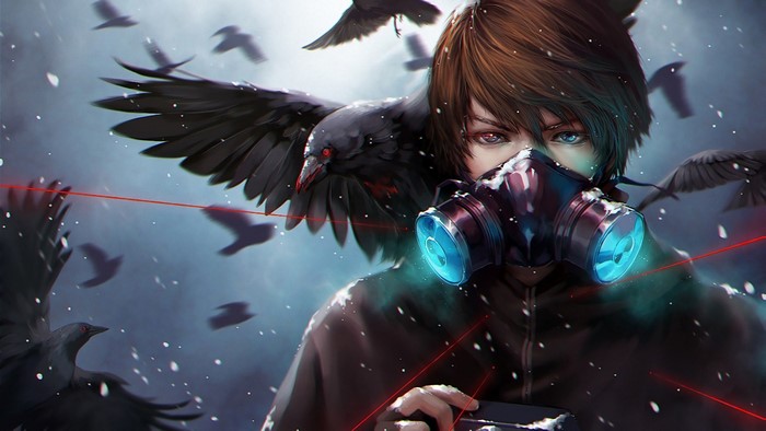 Anime character with gas mask and crows 4K