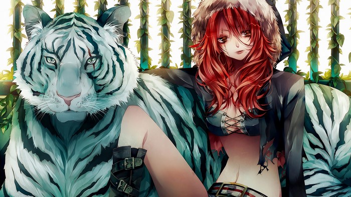 Anime girl with red hair and white tiger