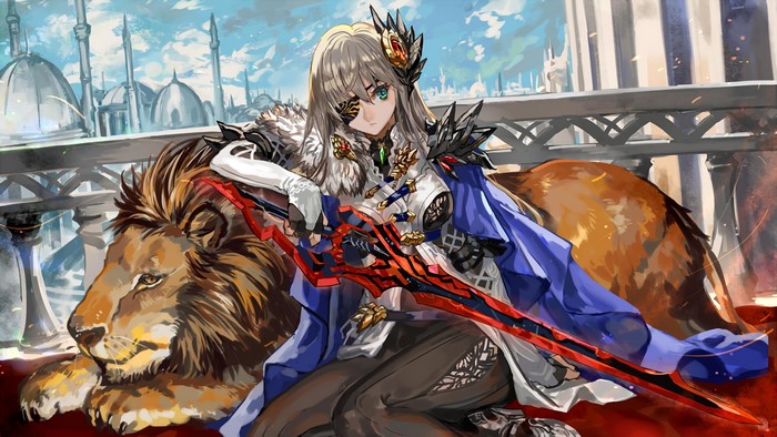 Anime Girl Warrior with Lion and Sword 4K