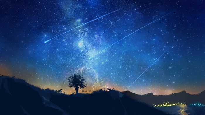 Shooting Stars, Night, Sky, Anime, 4K, 3840x2160